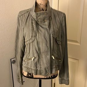 Jones New York lyocell cropped jacket military green high collar large L spring